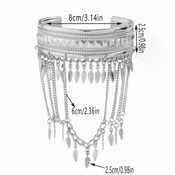 Silver Boho Tribal Festival Rave Arm Cuff Bracelet w/ Chains & Feather Charms - Picture 3 of 3